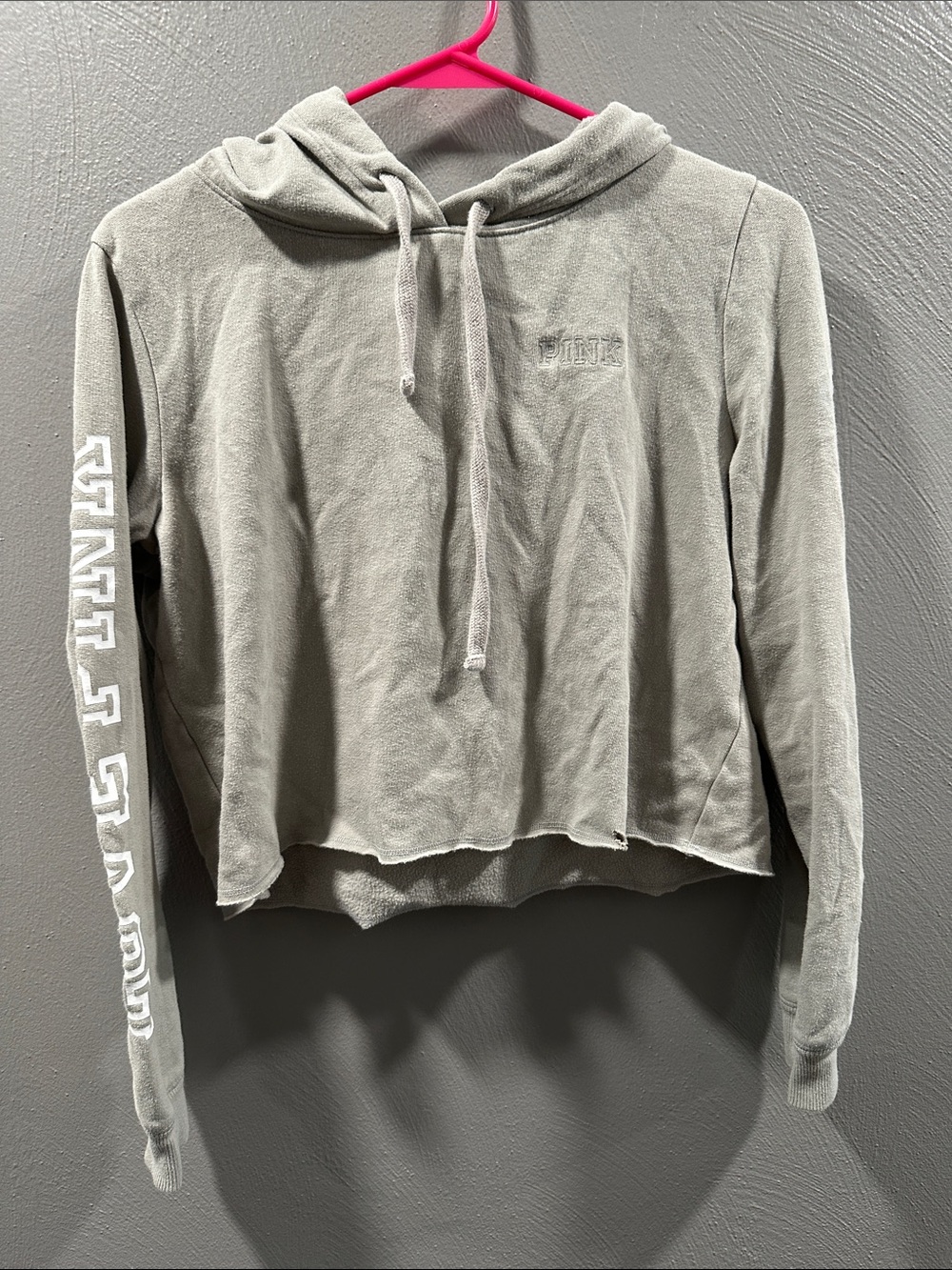 PINK Victoria's Secret Cropped Gray Hoodie with White Sleeve Logo